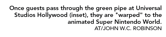Once guests pass through the green pipe at Universal Studios Hollywood (inset), they are \“warped\" to the animated S...