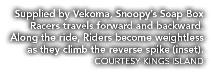 Supplied by Vekoma, Snoopy’s Soap Box Racers travels forward and backward. Along the ride, Riders become weightless a...
