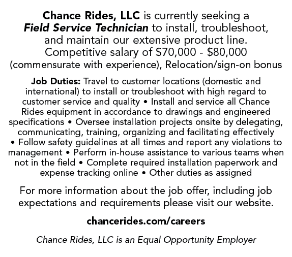 Chance Rides, LLC is currently seeking a Field Service Technician to install, troubleshoot, and maintain our extensiv...