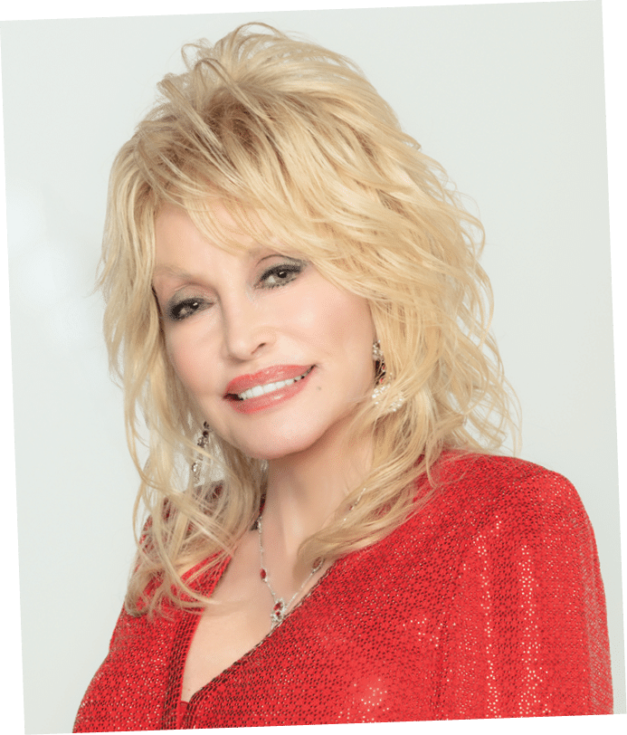 Dolly Parton inside Rivr Media Studios in a red Christmas outfit on February 28, 2019. Photo by Steven Bridges