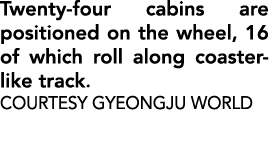 Twenty four cabins are positioned on the wheel, 16 of which roll along coaster like track. COURTESY Gyeongju World