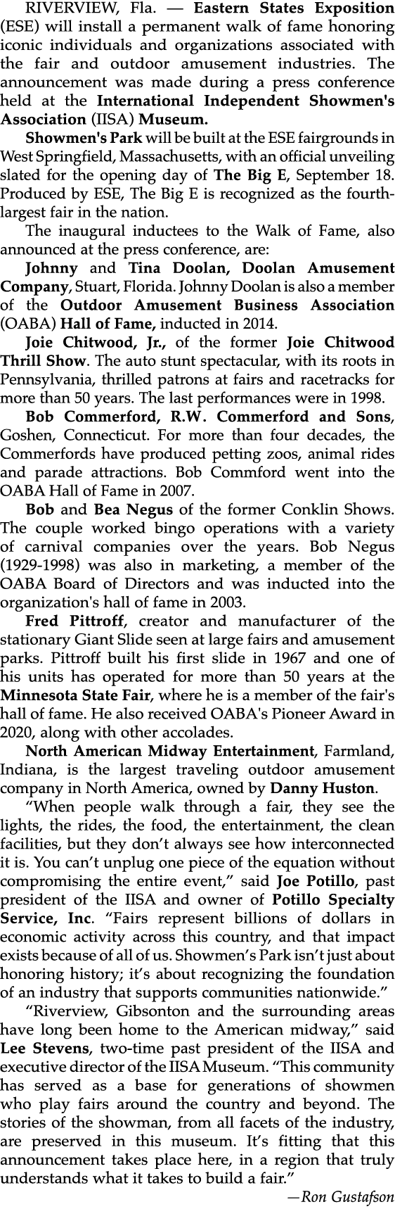 RIVERVIEW, Fla. — Eastern States Exposition (ESE) will install a permanent walk of fame honoring iconic individuals a...