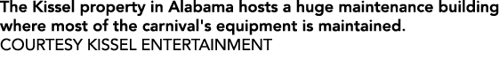 The Kissel property in Alabama hosts a huge maintenance building where most of the carnival's equipment is maintained...