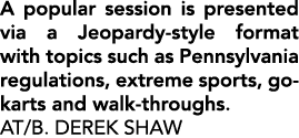 A popular session is presented via a Jeopardy style format with topics such as Pennsylvania regulations, extreme spor...