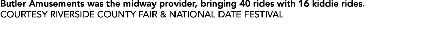 Butler Amusements was the midway provider, bringing 40 rides with 16 kiddie rides. COURTESY RIVERSIDE COUNTY FAIR & N...