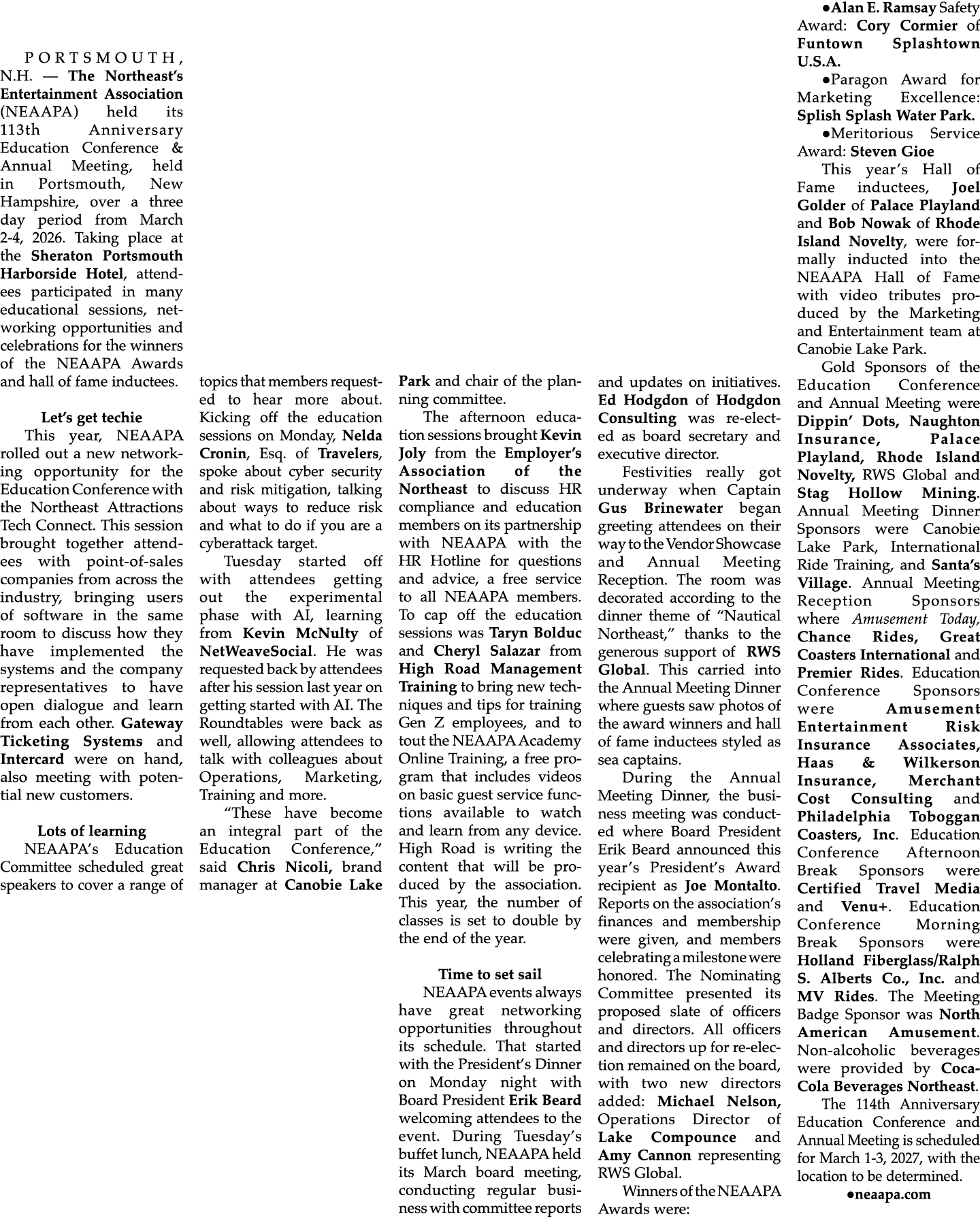PORTSMOUTH, N.H. — The Northeast’s Entertainment Association (NEAAPA) held its 113th Anniversary Education Conference...