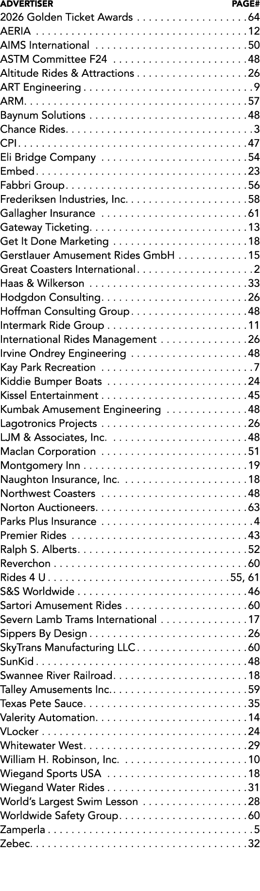Advertiser Page# 2026 Golden Ticket Awards 64 AERIA 12 AIMS International 50 ASTM Committee F24 48 Altitude Rides & A...