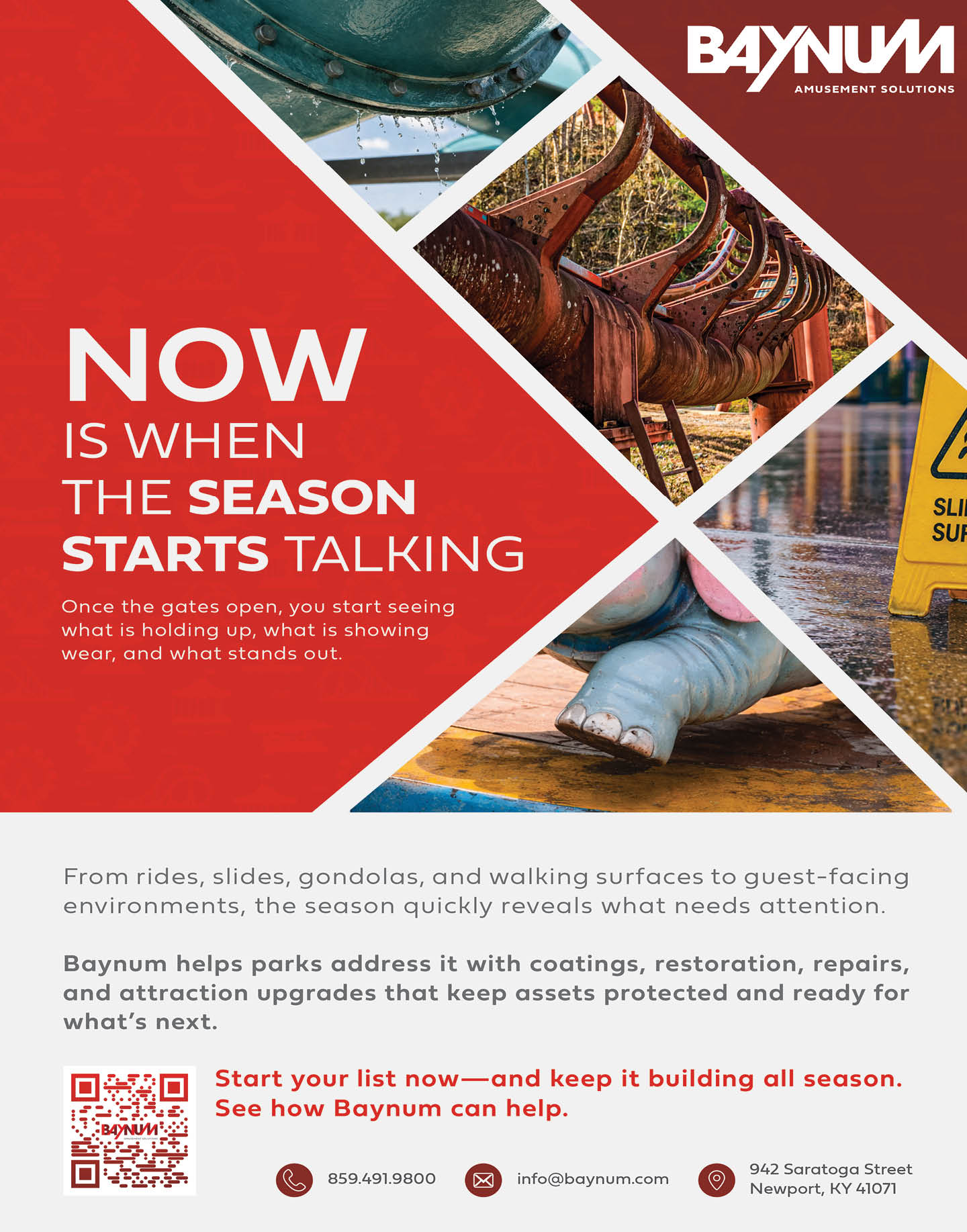 A red and white advertisement for Baynum. Description generated by AI