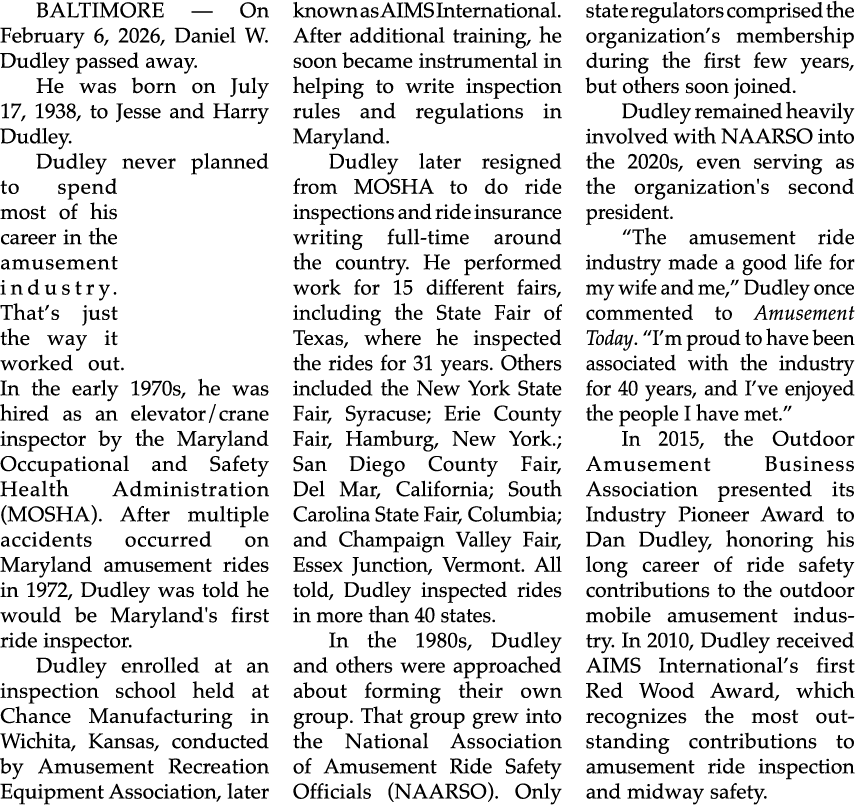 BALTIMORE — On February 6, 2026, Daniel W. Dudley passed away. He was born on July 17, 1938, to Jesse and Harry Dudle...