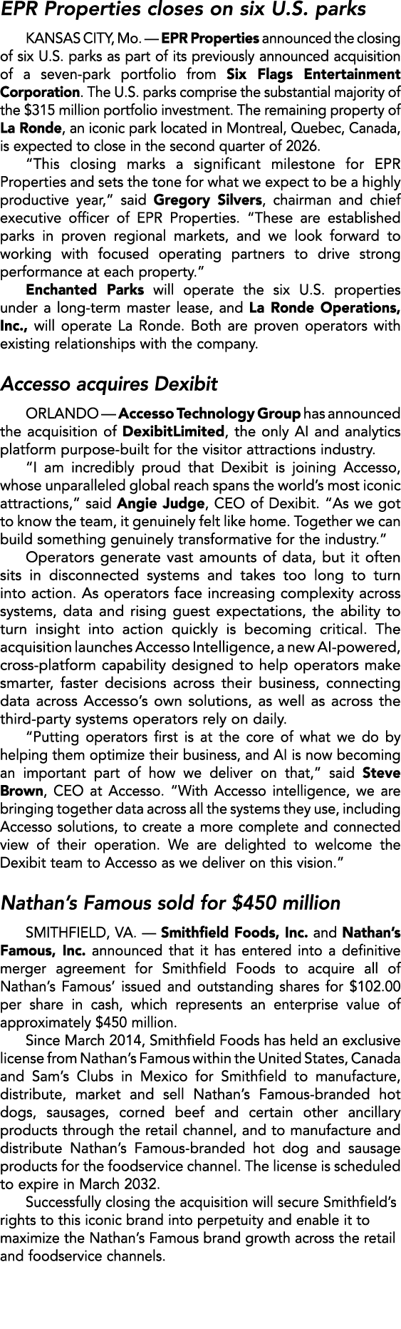 EPR Properties closes on six U.S. parks KANSAS CITY, Mo. — EPR Properties announced the closing of six U.S. parks as ...