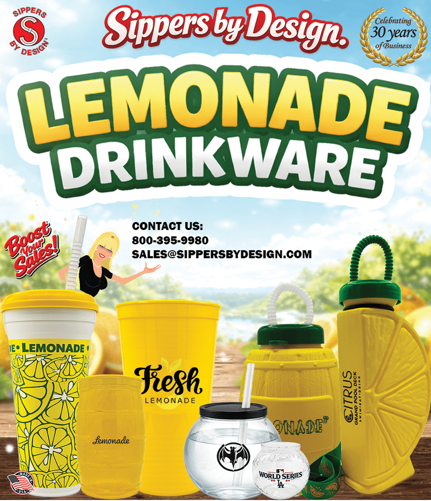 Lemonade drinkware advertisement. Description generated by AI