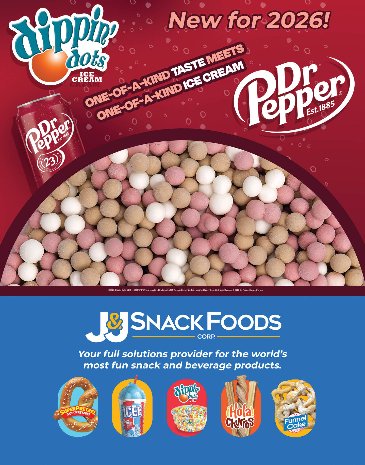 A red and blue advertisement for Dr. Pepper Snack Foods. Description generated by AI