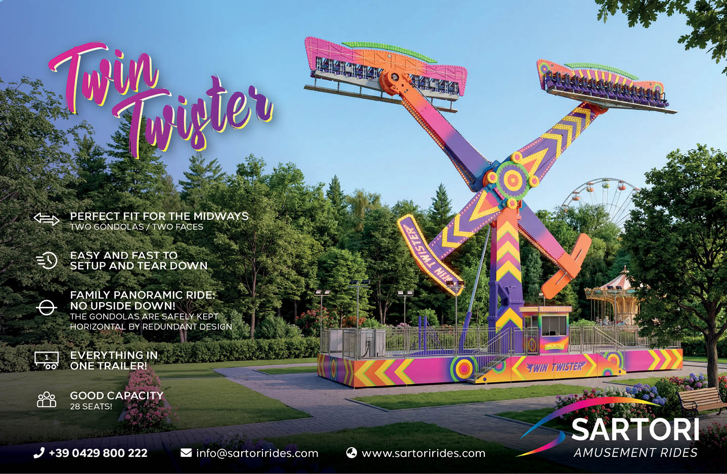 A colorful carnival ride with a purple and yellow design. Description generated by AI