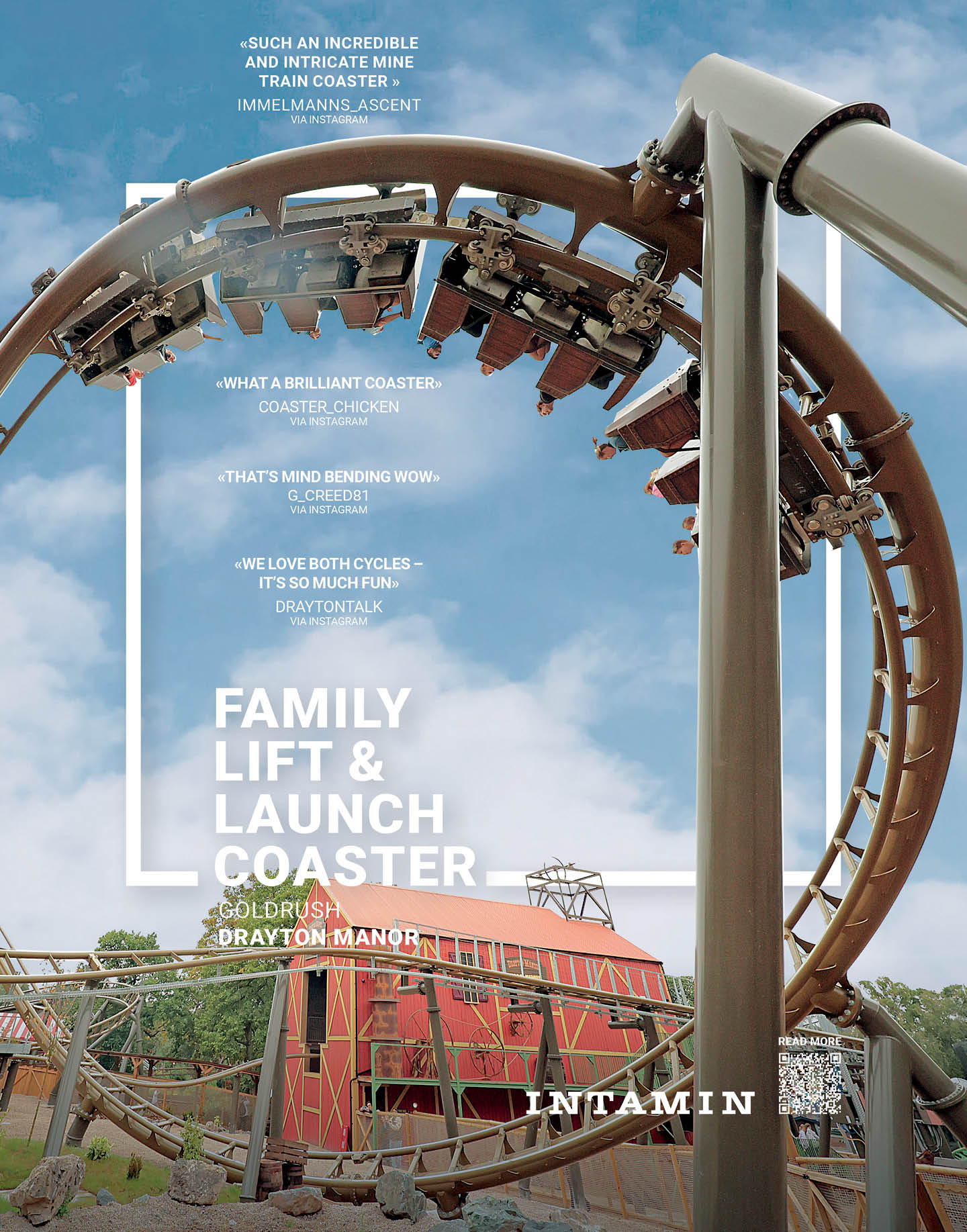 A roller coaster with a wooden building in the background. Description generated by AI