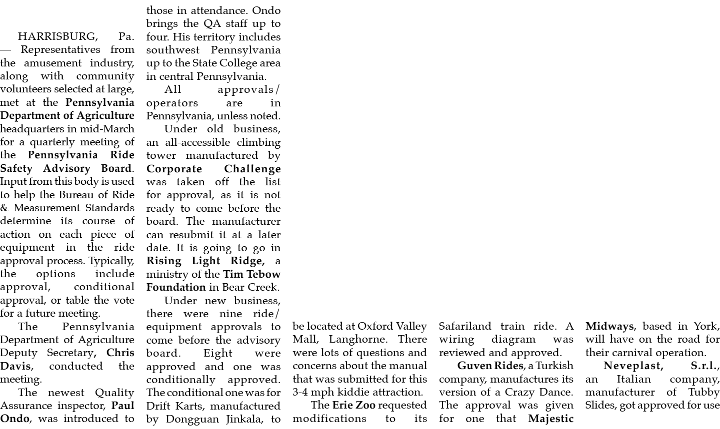 HARRISBURG, Pa. — Representatives from the amusement industry, along with community volunteers selected at large, met...