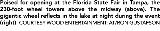 Poised for opening at the Florida State Fair in Tampa, the 230 foot wheel towers above the midway (above). The gigant...