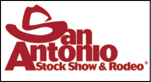 A red and white sign for the San Antonio Stock Show & Rodeo. Description generated by AI