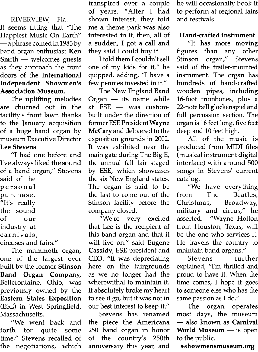 RIVERVIEW, Fla. — It seems fitting that “The Happiest Music On Earth” — a phrase coined in 1983 by band organ enthusi...