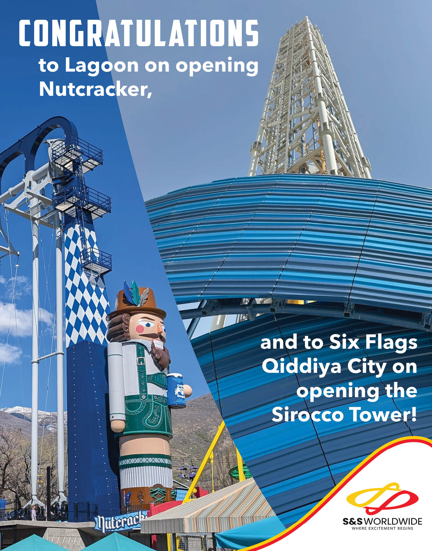 A poster advertising a theme park with a large statue of a man in a hat and a large tower in the background. Description generated by AI