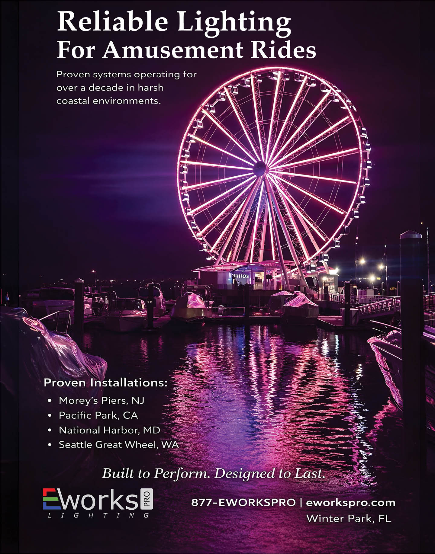 A pink and purple lit Ferris wheel. Description generated by AI