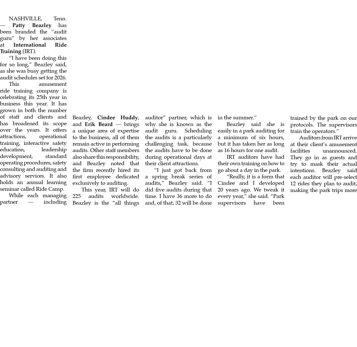 NASHVILLE, Tenn. — Patty Beazley has been branded the “audit guru” by her associates at International Ride Training (...