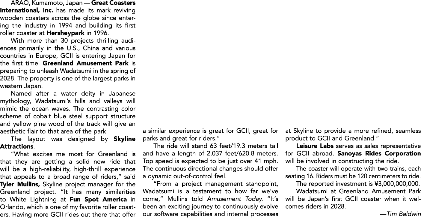 ARAO, Kumamoto, Japan — Great Coasters International, Inc. has made its mark reviving wooden coasters across the glob...