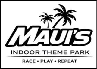 A logo for Maui's Indoor Theme Park. Description generated by AI