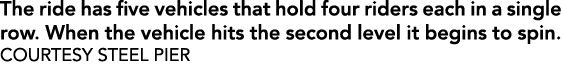 The ride has five vehicles that hold four riders each in a single row. When the vehicle hits the second level it begi...