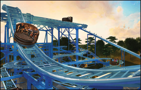 A blue roller coaster with people riding it. Description generated by AI