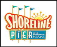 A sign for the Shoreline Pier Boardwalk. Description generated by AI