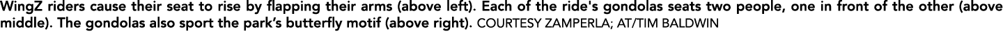 WingZ riders cause their seat to rise by flapping their arms (above left). Each of the ride's gondolas seats two peop...