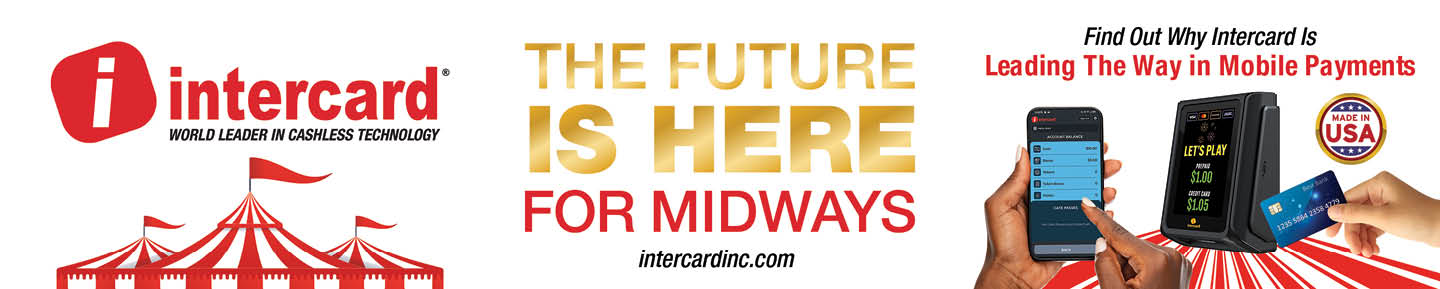 A red and white sign that says “Intercard is here for midways". Description generated by AI