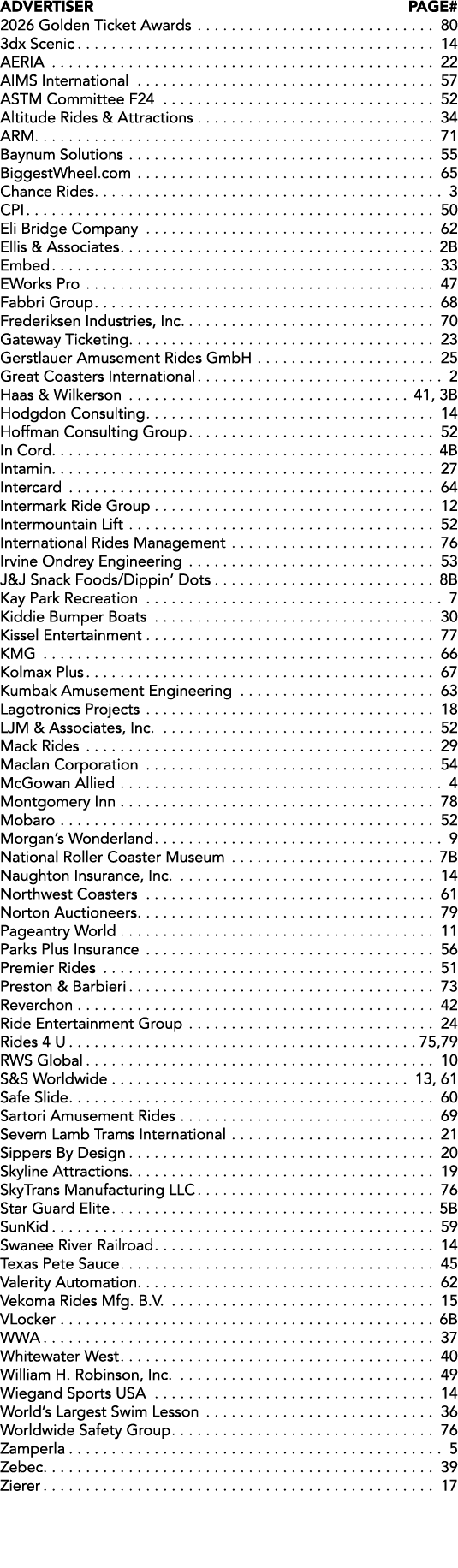 Advertiser Page# 2026 Golden Ticket Awards 80 3dx Scenic 14 AERIA 22 AIMS International 57 ASTM Committee F24 52 Alti...