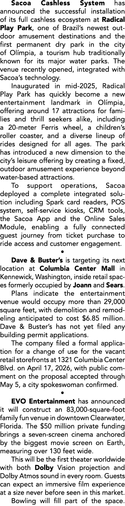 Sacoa Cashless System has announced the successful installation of its full cashless ecosystem at Radical Play Park, ...