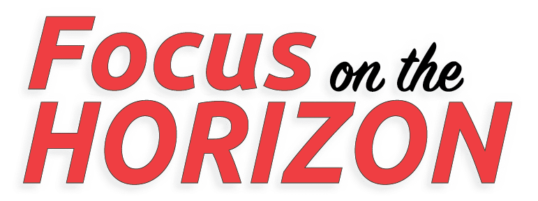 Red and white logo for a focus on the horizon. Description generated by AI