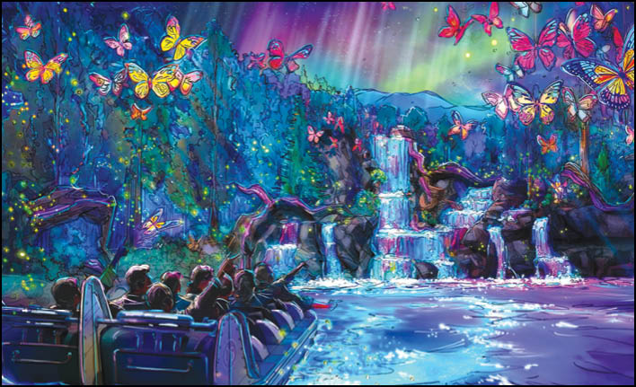 A group of people riding in a boat on a river with a waterfall in the background. Description generated by AI