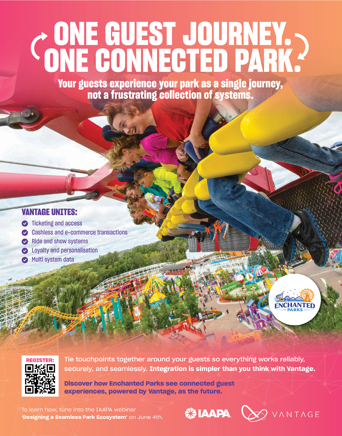 A poster advertising a theme park with a roller coaster and a Ferris wheel. Description generated by AI