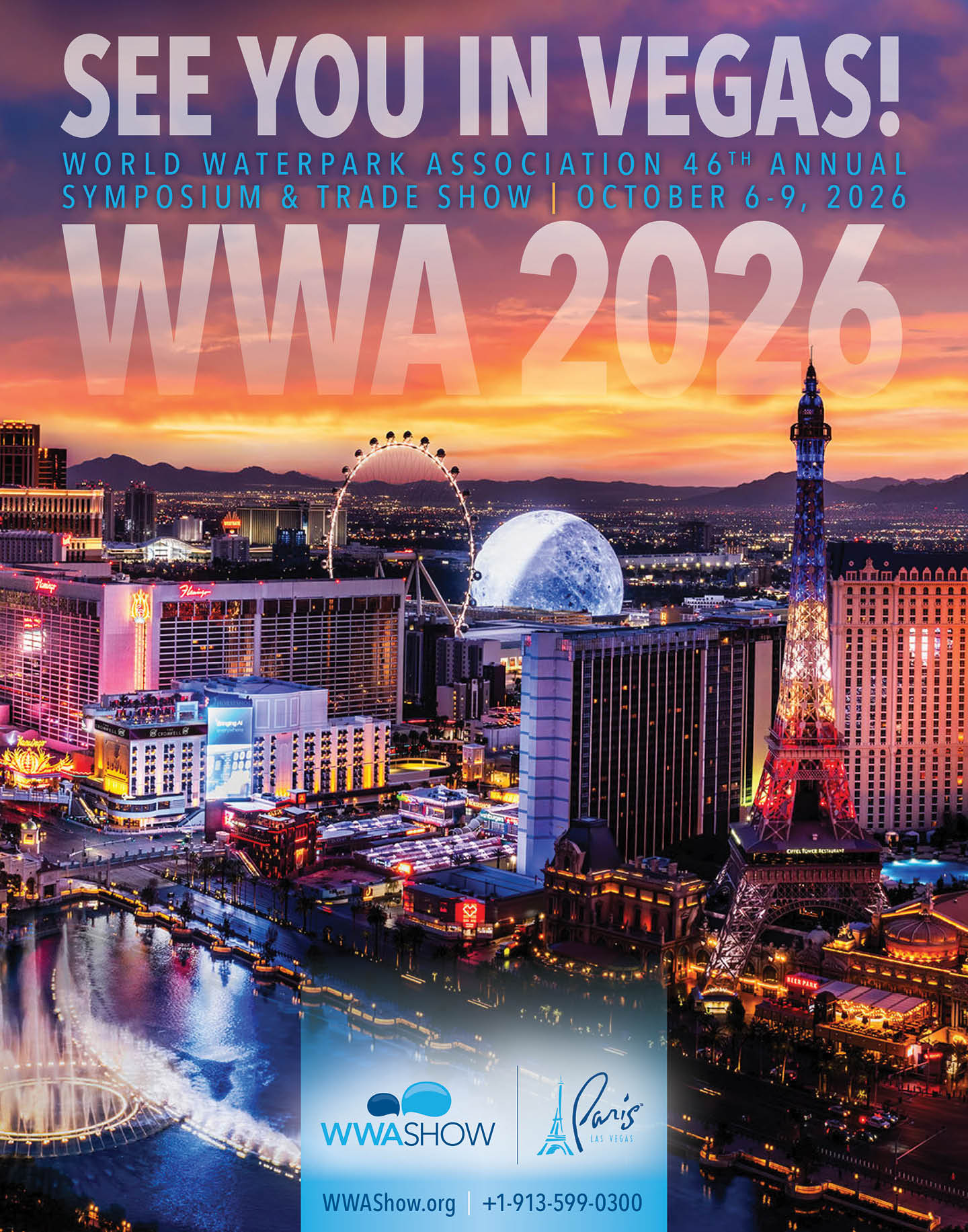 A poster advertising the World Waterpark Association show in Las Vegas. Description generated by AI