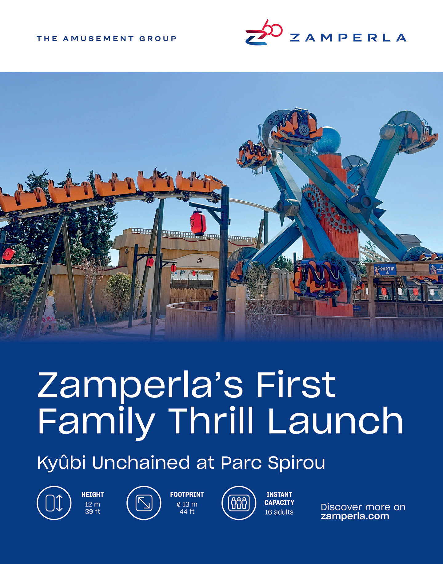 A poster advertising a family thrill launch at a theme park. Description generated by AI