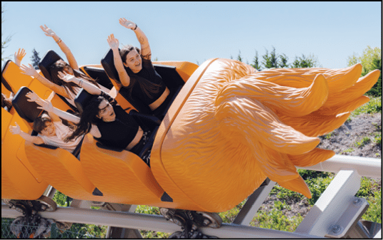 A group of people are riding on a roller coaster. Description generated by AI