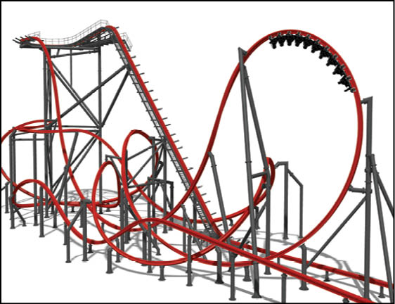 A roller coaster with a red and white color scheme. Description generated by AI