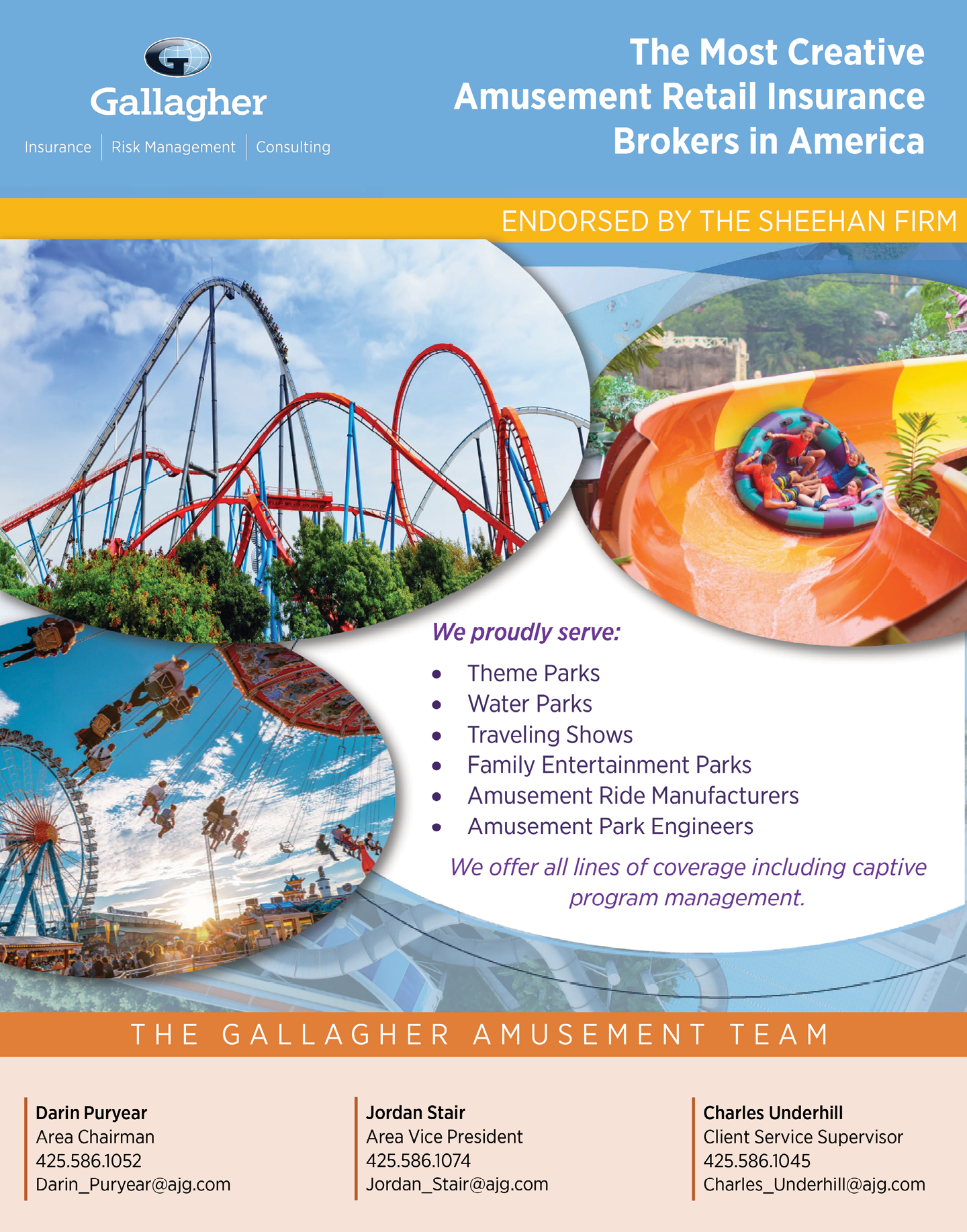 A colorful advertisement for Gallagher amusement retail insurance features roller coasters, a water slide with people riding in an inflatable raft, and a swing ride with people, highlighting services for amusement parks and related businesses. Description generated by AI