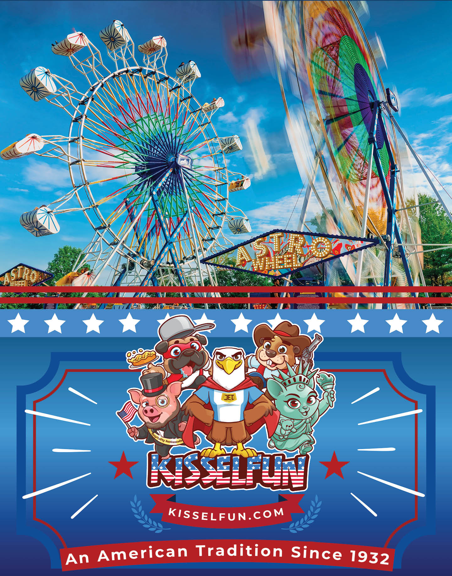 A flyer for a carnival with a Ferris wheel and a roller coaster. Description generated by AI
