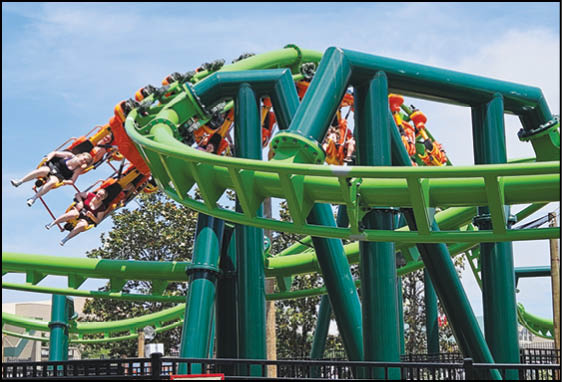 A roller coaster with the word Boomerang on it. Description generated by AI