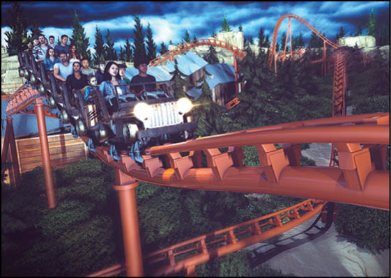 A group of people are sitting in a yellow ride at an amusement park. Description generated by AI