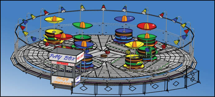 A blue and yellow tent with a sign that says “Buy or Reload Cards Here". Description generated by AI
