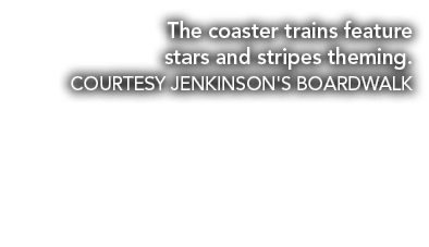 The coaster trains feature stars and stripes theming. COURTESY JENKINSON'S BOARDWALK