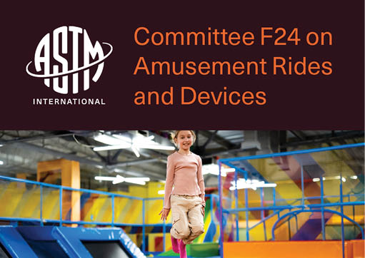 A person wearing a pink long-sleeve shirt and beige pants is jumping in an indoor amusement play area with colorful padded structures and blue railings, accompanied by the ASTM International logo and the text Committee F24 on Amusement Rides and Devices. Description generated by AI