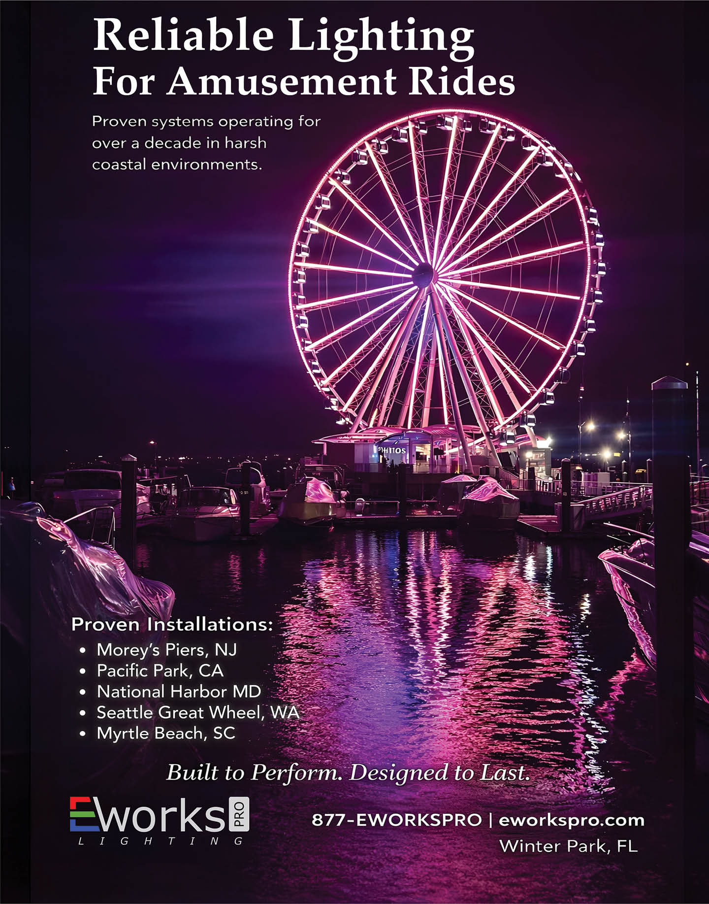 A purple and pink lit Ferris wheel. Description generated by AI
