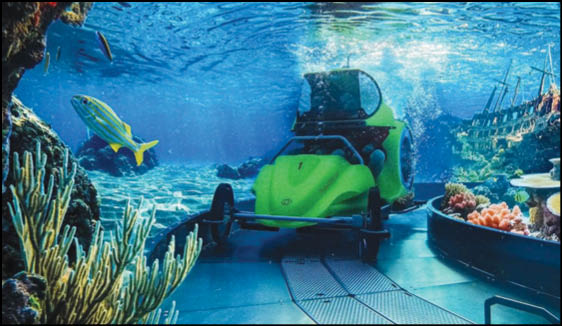 A green and blue roller coaster with a yellow center. Description generated by AI
